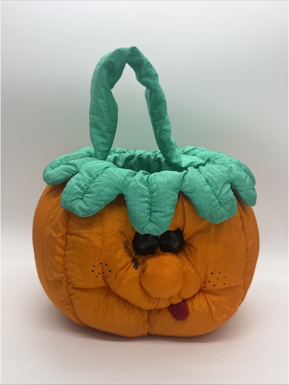 Vintage Puffy Nylon Pumpkin Halloween Bucket Trick or Treat Bag Plush Jack-o-